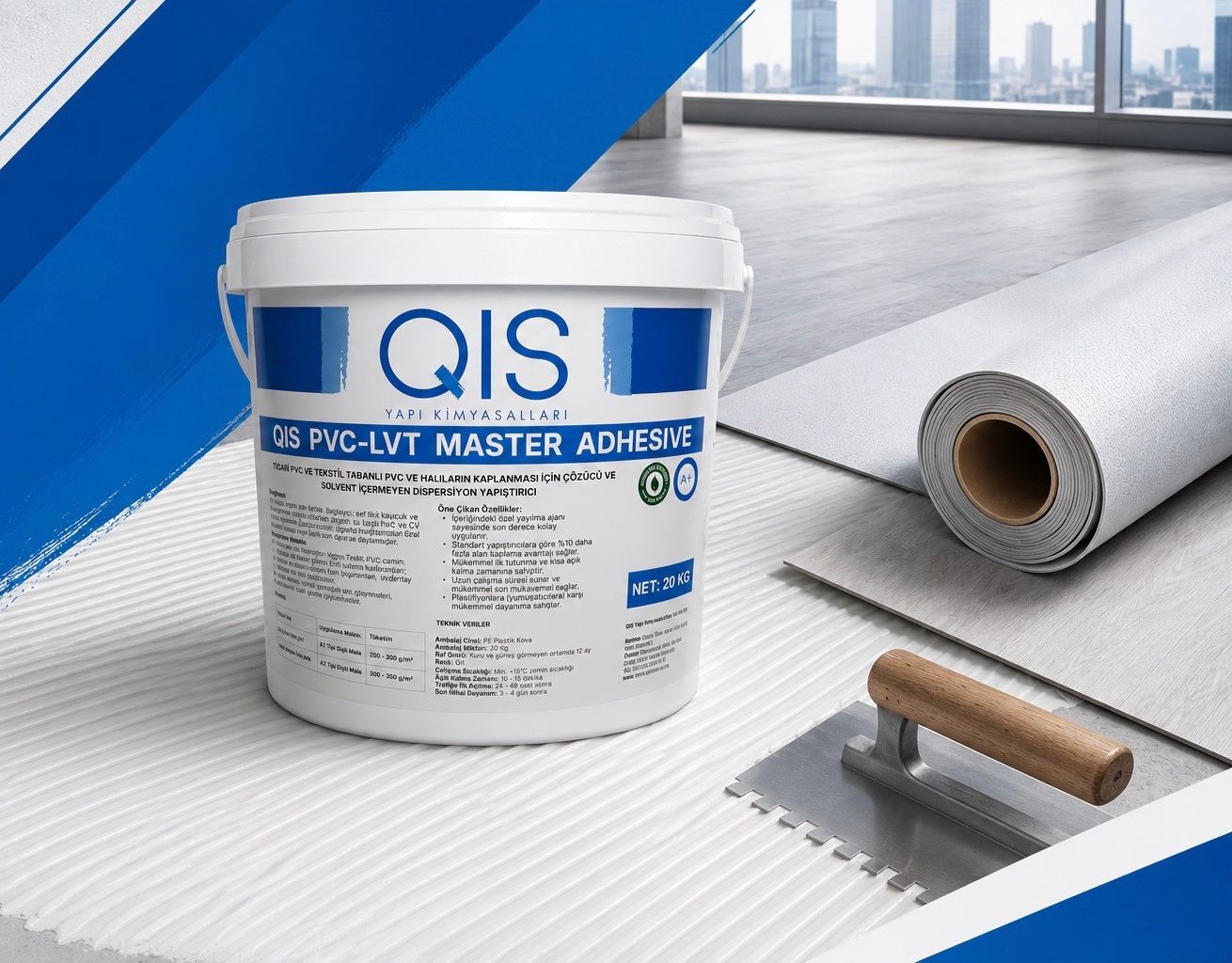 იატაკის საფარის PVC და ლინოლიუმის წებო QIS PVC ADHESIVE 20კგ იატაკის საფარის PVC და ლინოლიუმის წებო QIS PVC ADHESIVE 20კგ