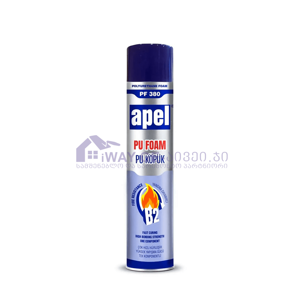 APEL ცეცხლგამძლე ქაფი 850გ PF380 ერთკომპონენტიანი თვითჩაქრობადი პოლიურეთანის პრეპოლიმერი ცეცხლგამძლე თვისებებით. ცეცხლგამძლე B2 კლასის სერტიფიკატი DIN 4102 სტანდარტის შესაბამისად, აკმაყოფილებს E კლასის მოთხოვნებს TSE EN 13501 სტანდარტის შესაბამისად. პოლიურეთანის ქაფი გამოიყოფა აეროზოლის ქილიდან და გაშრება ტენიანობასთან ერთად.